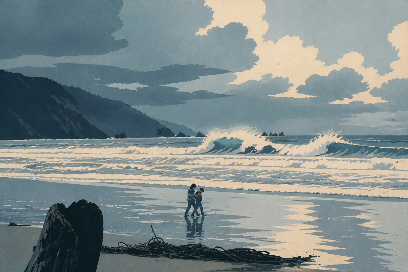 Illustration sérigraphiée : Une forte houle hivernale frappe les stacks rocheux sous un ciel chargé depuis Crescent Beach Overlook.