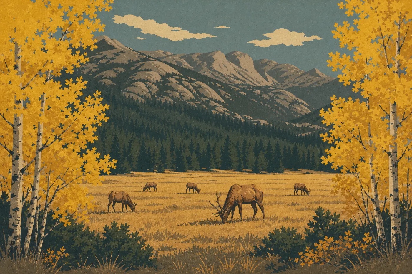 Illustration sérigraphiée : Des trembles jaunes encadrent une prairie de Horseshoe Park où paissent plusieurs wapitis en automne.
