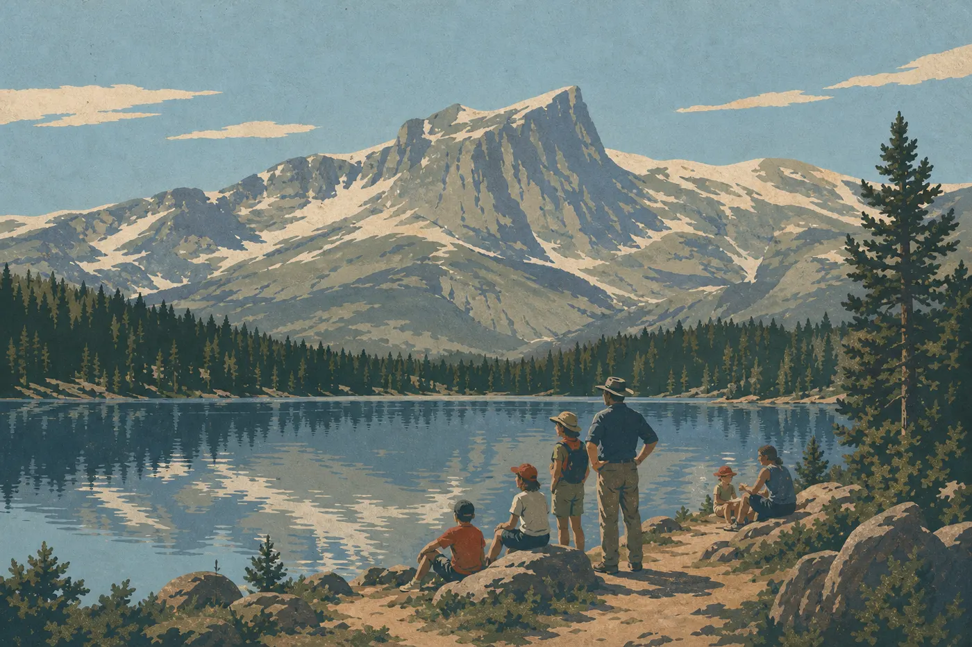 Illustration sérigraphiée : Des familles longent la rive accessible de Bear Lake, face à Hallett Peak reflété dans les eaux calmes.