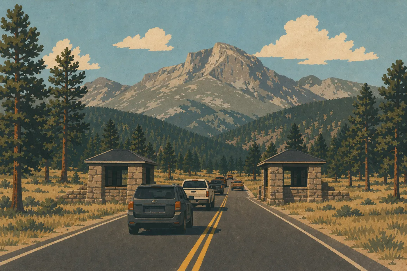 Illustration sérigraphiée : La route franchit l’entrée de Beaver Meadows sous la silhouette rocheuse de Longs Peak.