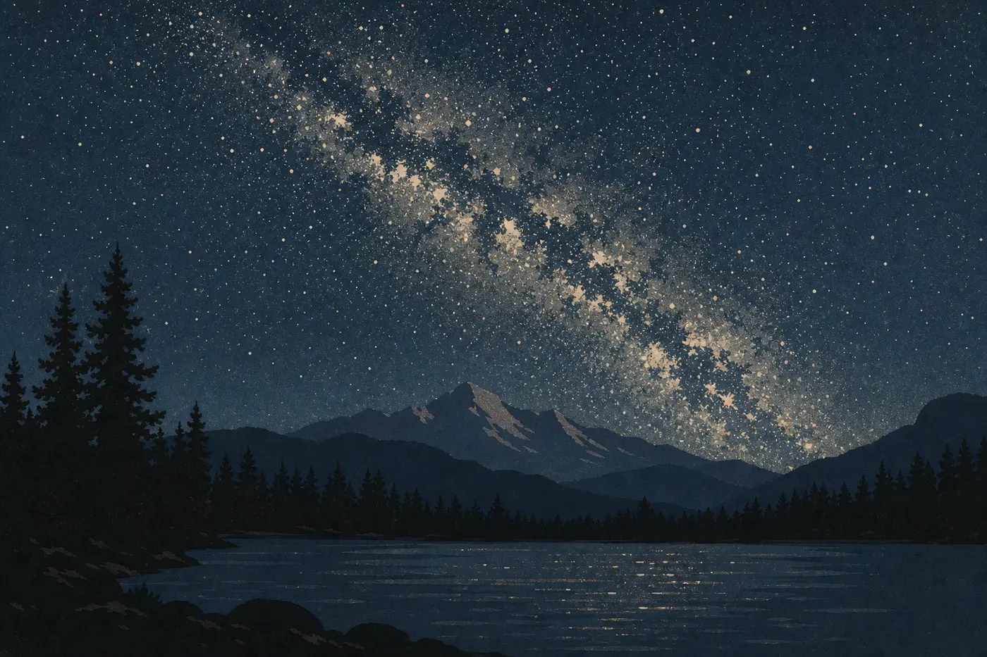 Illustration sérigraphiée : La Voie lactée domine Longs Peak et les silhouettes de pins depuis le rivage sombre de Bear Lake.