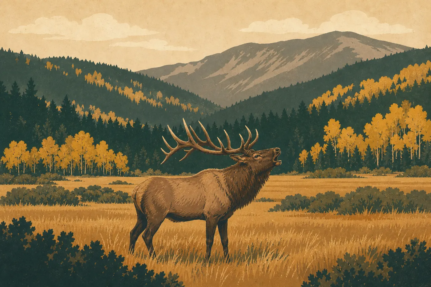 Illustration sérigraphiée : Un wapiti mâle brame dans les herbes dorées de Moraine Park devant les versants boisés d’automne.