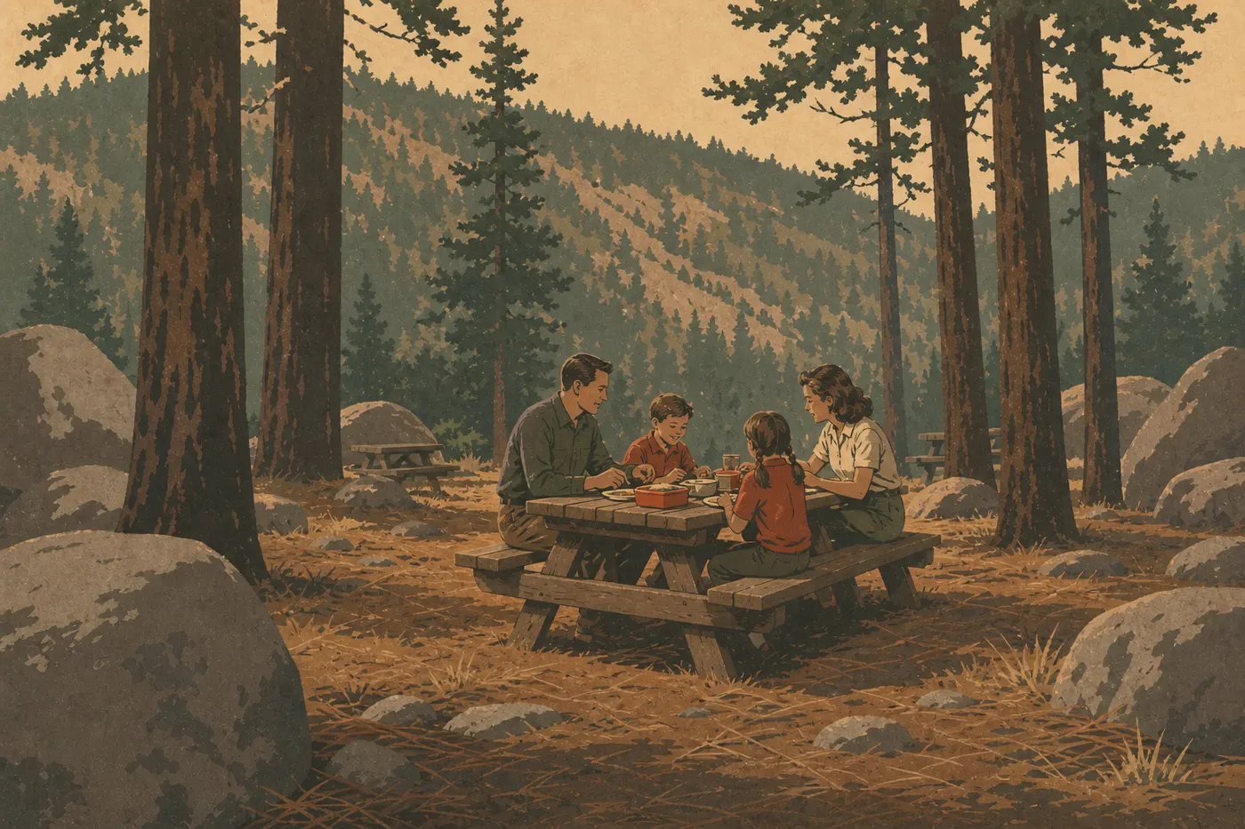 Illustration sérigraphiée : Une famille déjeune sur une table de l’aire de pique-nique d’Endovalley, parmi pins et blocs rocheux.