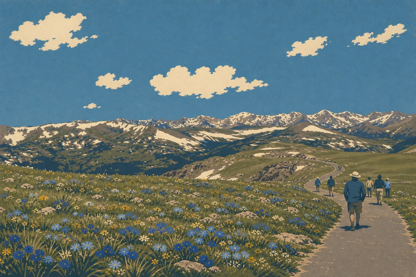 Illustration sérigraphiée : Des fleurs sauvages colorent la toundra estivale autour de la Tundra Communities Trail sous un ciel limpide.