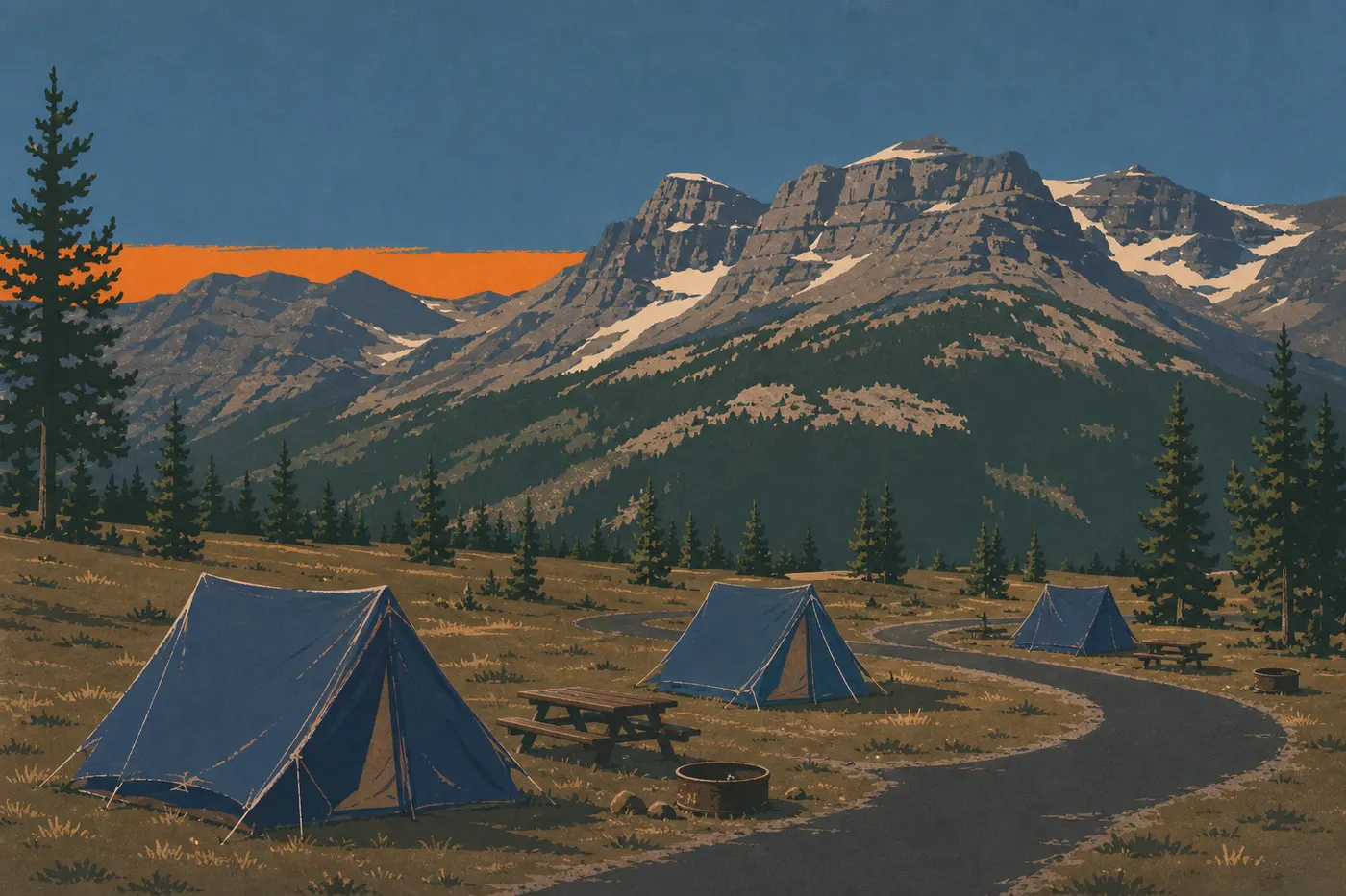 Illustration sérigraphiée : Des tentes se découpent au lever du jour dans Glacier Basin Campground, devant les hauts sommets.