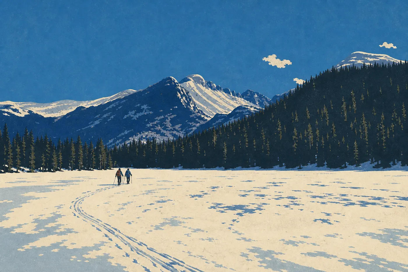 Illustration sérigraphiée : Deux visiteurs en raquettes traversent le paysage enneigé au-dessus de Bear Lake sous Hallett Peak.