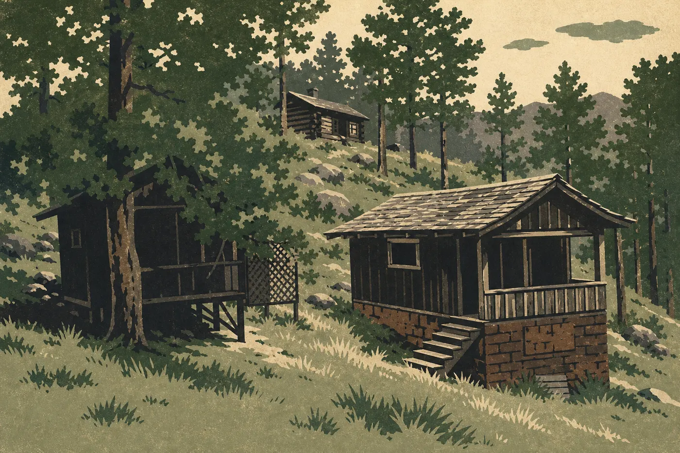 Illustration sérigraphiée : Les cabanes rustiques de Holzwarth Historic Site reposent dans la vallée sous les montagnes boisées.