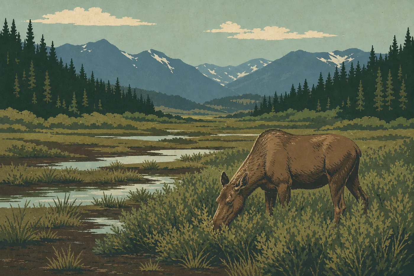 Illustration sérigraphiée : Un orignal broute les saules humides de la vallée de Kawuneeche devant la chaîne enneigée.