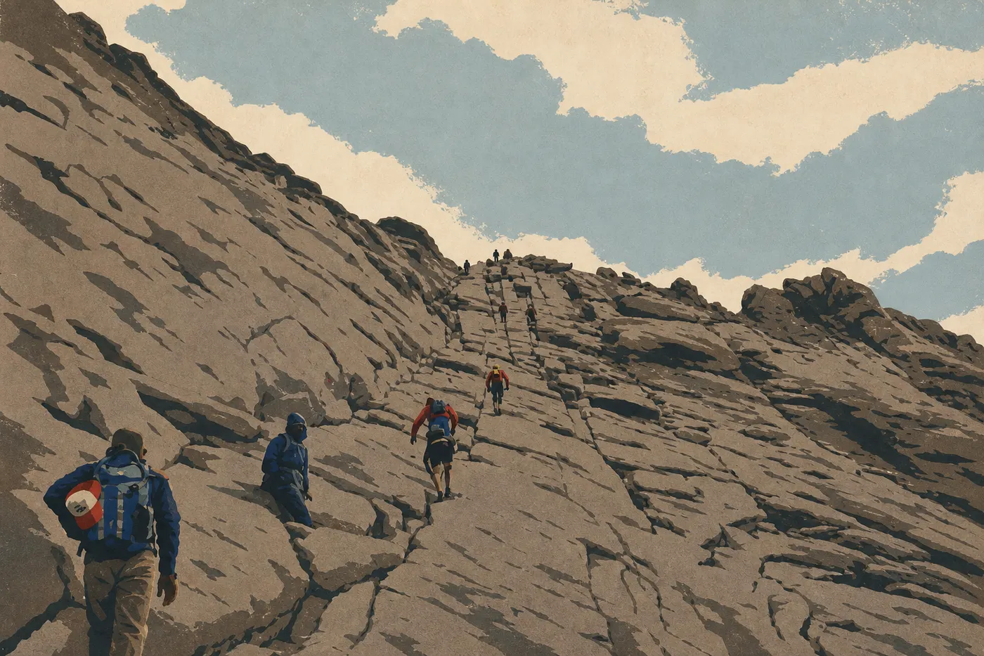 Illustration sérigraphiée : Des randonneurs gravissent les blocs de la Keyhole Route sous la face imposante de Longs Peak.