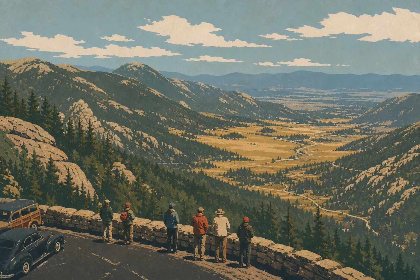 Illustration sérigraphiée : Des voyageurs contemplent Moraine Park depuis Many Parks Curve, première grande halte d’un circuit panoramique.