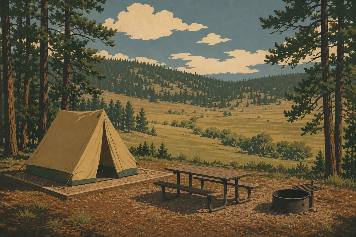 Illustration sérigraphiée : Une tente et sa table occupent un emplacement de Moraine Park Campground au bord de la prairie.