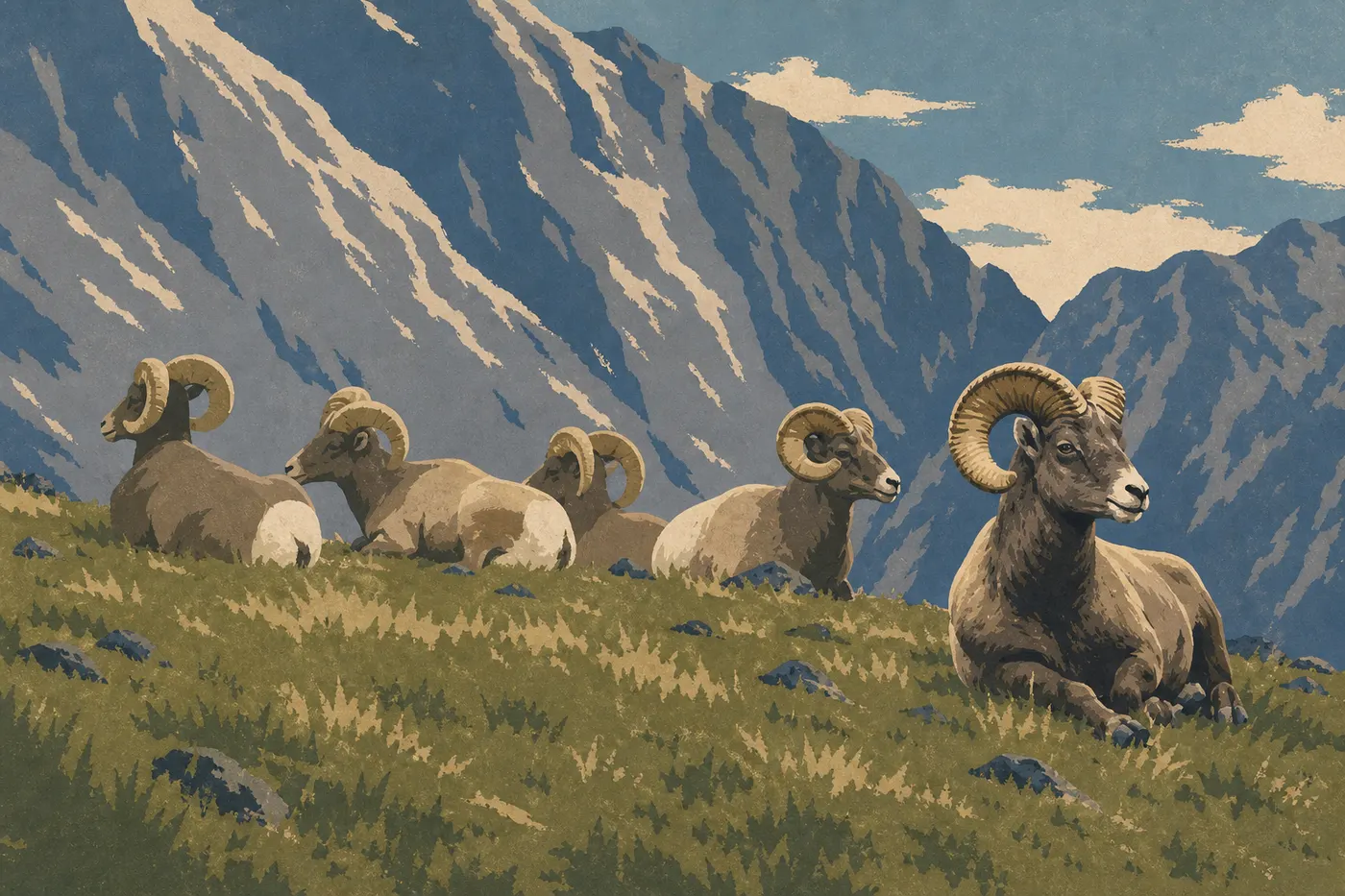 Illustration sérigraphiée : Un mouflon des Rocheuses se tient sur un affleurement près de Sheep Lakes, au-dessus de Horseshoe Park.