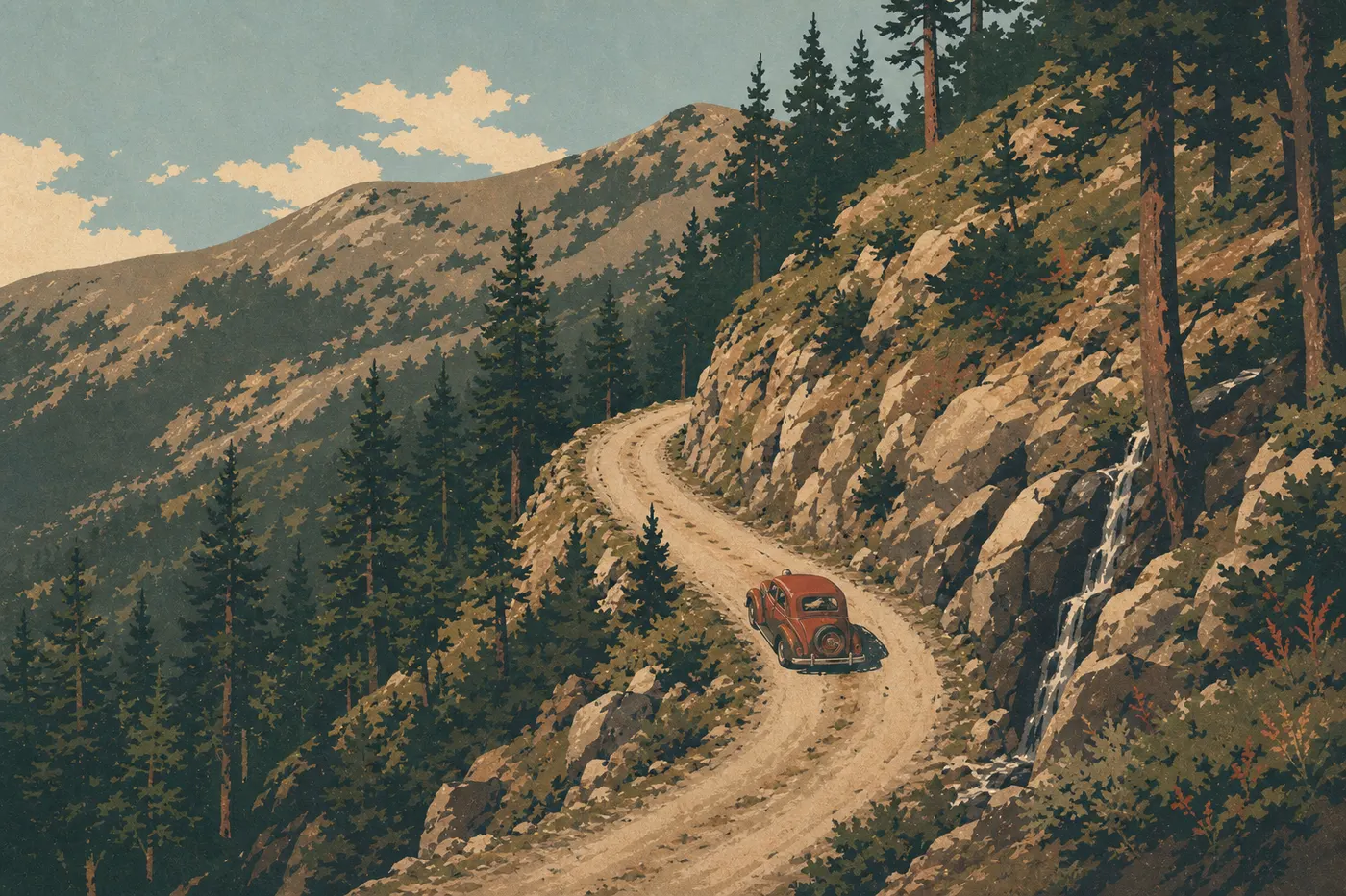 Illustration sérigraphiée : Une automobile monte l’étroite Old Fall River Road entre forêt subalpine, cascades et versants escarpés.