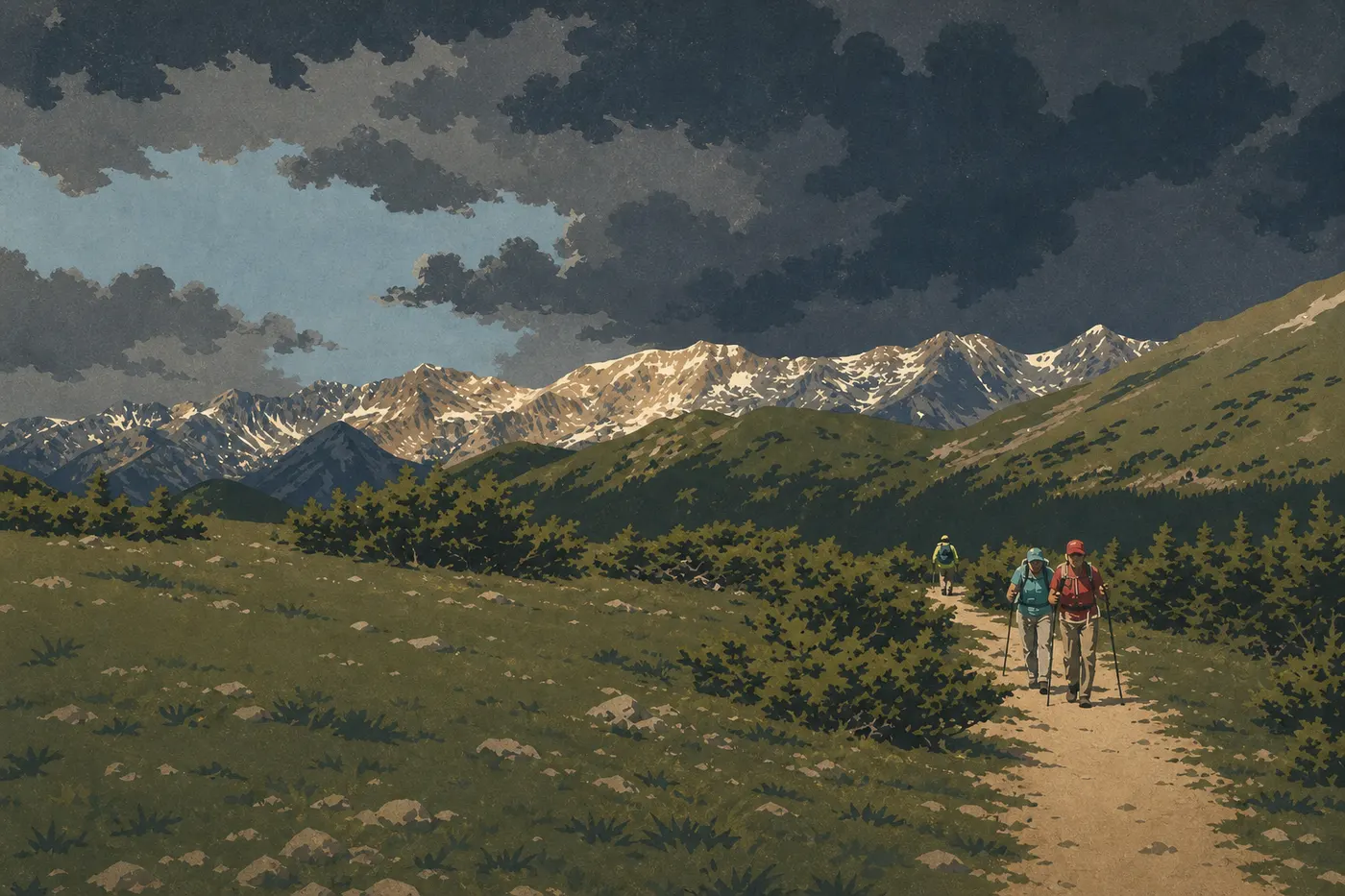 Illustration sérigraphiée : Un sombre orage d’été traverse la toundra près de Rock Cut, éclairant les sommets encore enneigés.