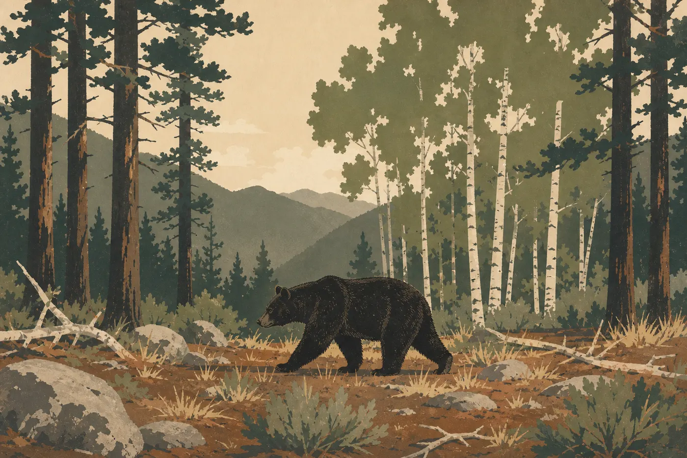 Illustration sérigraphiée : Un ours noir traverse une clairière bordée de pins et de trembles sur le versant oriental du parc.