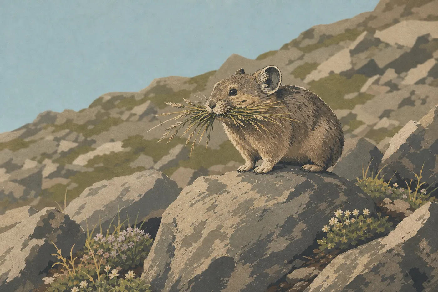 Illustration sérigraphiée : Un pika perché parmi les blocs de la Tundra Communities Trail transporte des herbes alpines.
