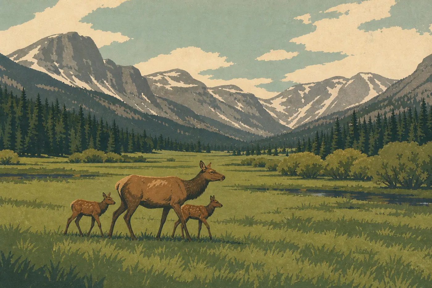 Illustration sérigraphiée : Une femelle wapiti et ses jeunes traversent une prairie reverdie de Moraine Park après la fonte des neiges.