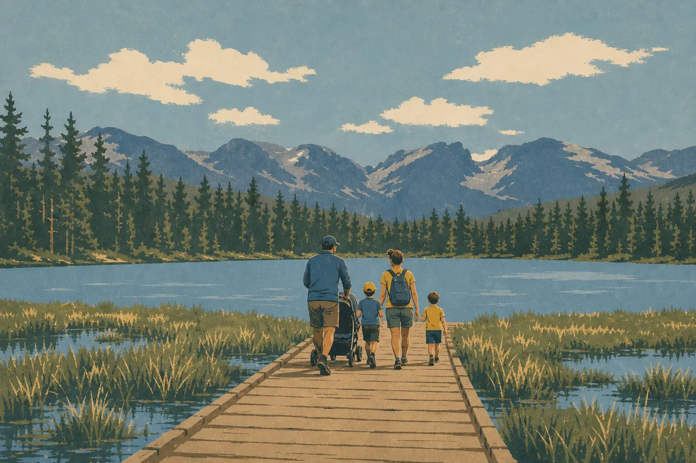 Illustration sérigraphiée : Parents et enfants parcourent la passerelle de Sprague Lake, avec poussette et vue sur le Continental Divide.