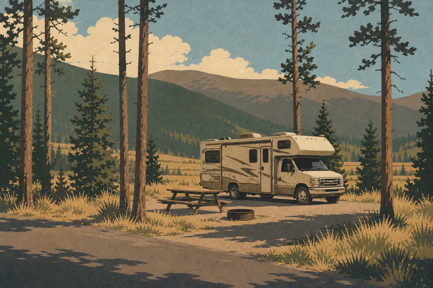 Illustration sérigraphiée : Un camping-car stationne parmi les pins de Timber Creek Campground, près de la vallée de Kawuneeche.