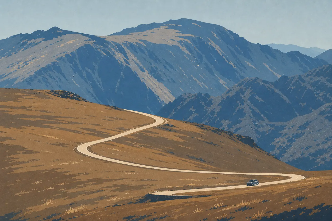 Illustration sérigraphiée : Une voiture suit les lacets de Trail Ridge Road au-dessus de la limite des arbres.