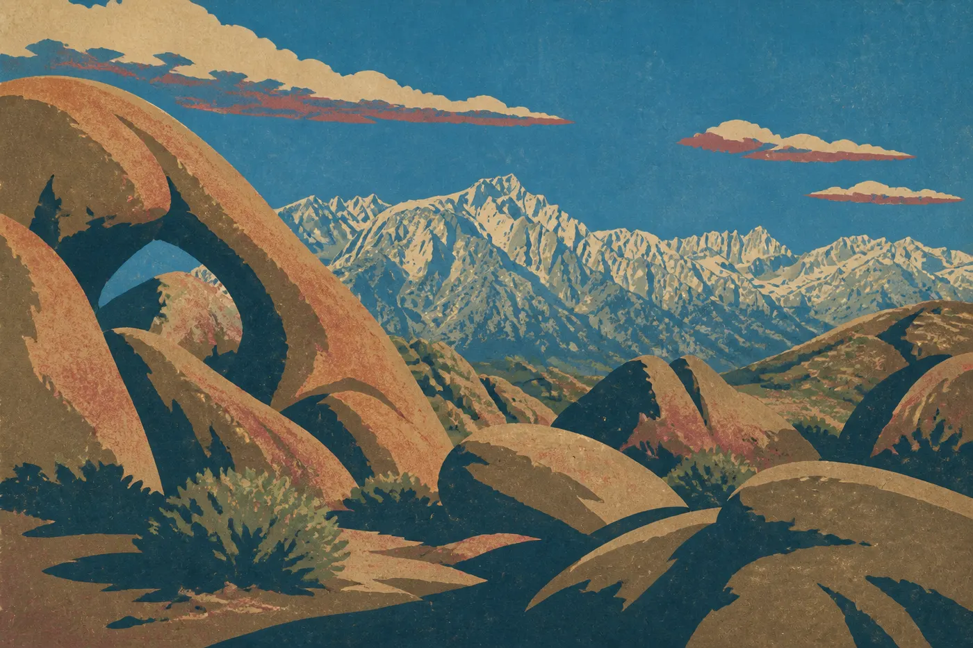 Les rochers ronds des Alabama Hills et le mont Whitney enneigé, au-dessus de Lone Pine.