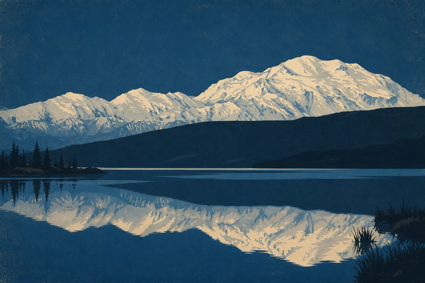 Le Denali se reflète dans le Wonder Lake au cœur de la nuit claire, sous le soleil de minuit.