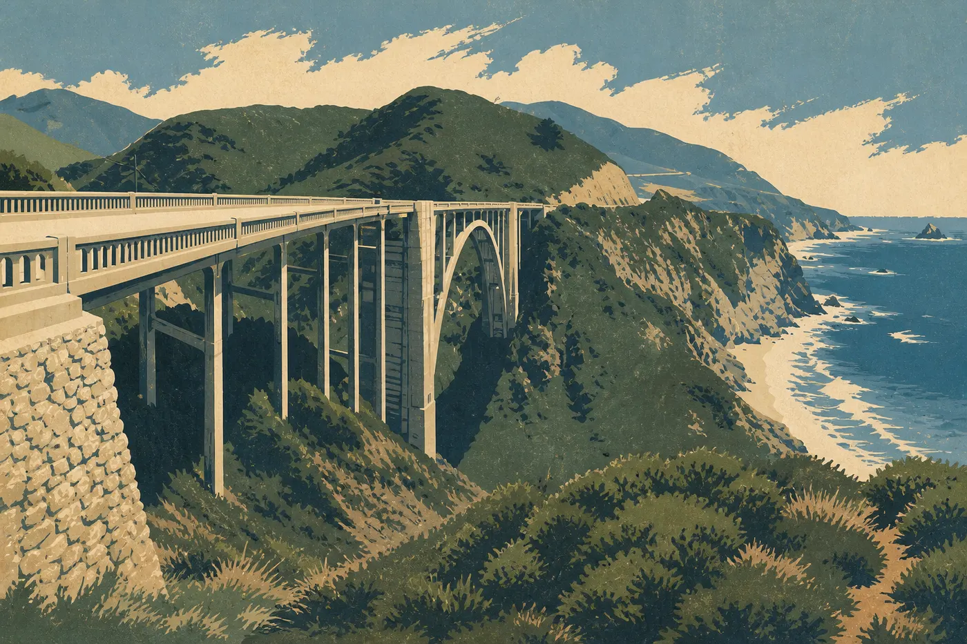 Le Bixby Creek Bridge de Big Sur, dans la brume marine du matin.
