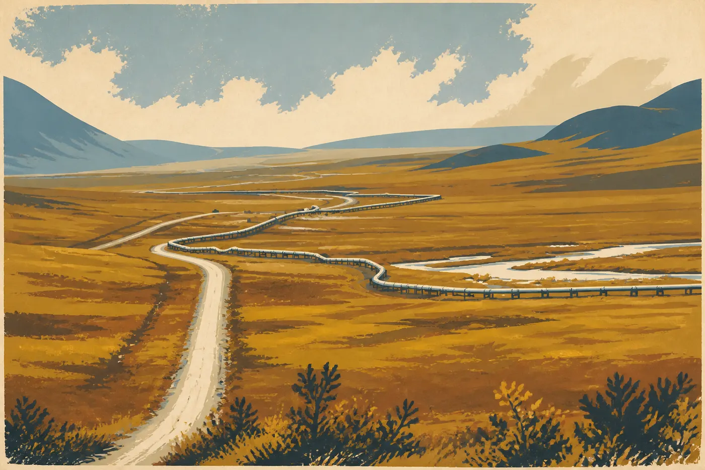 La Dalton Highway et l’oléoduc trans-Alaska filant vers le cercle arctique.