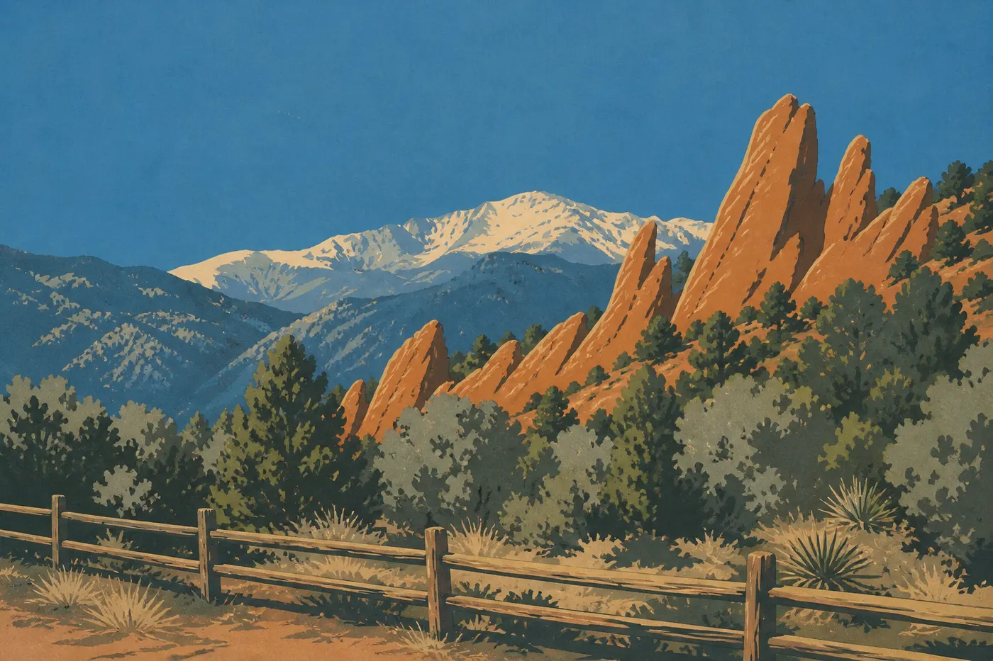 Les lames de grès rouge du Garden of the Gods, le Pikes Peak en toile de fond.