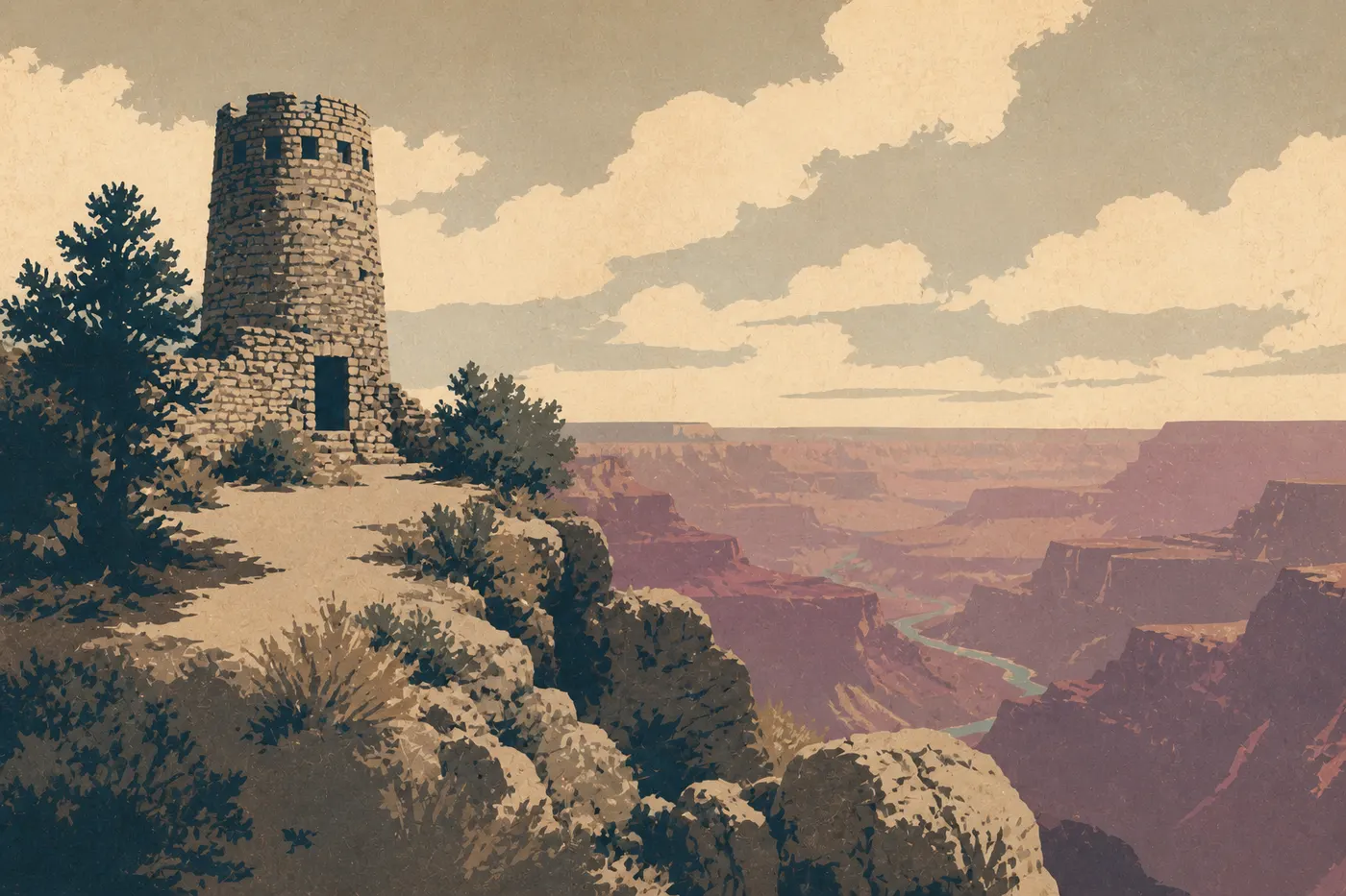 La rive sud du Grand Canyon depuis Desert View et la tour de guet de Mary Colter.