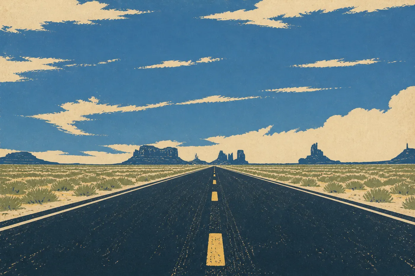La US-163 file droit vers les buttes de Monument Valley : l’image du road trip de l’Ouest.