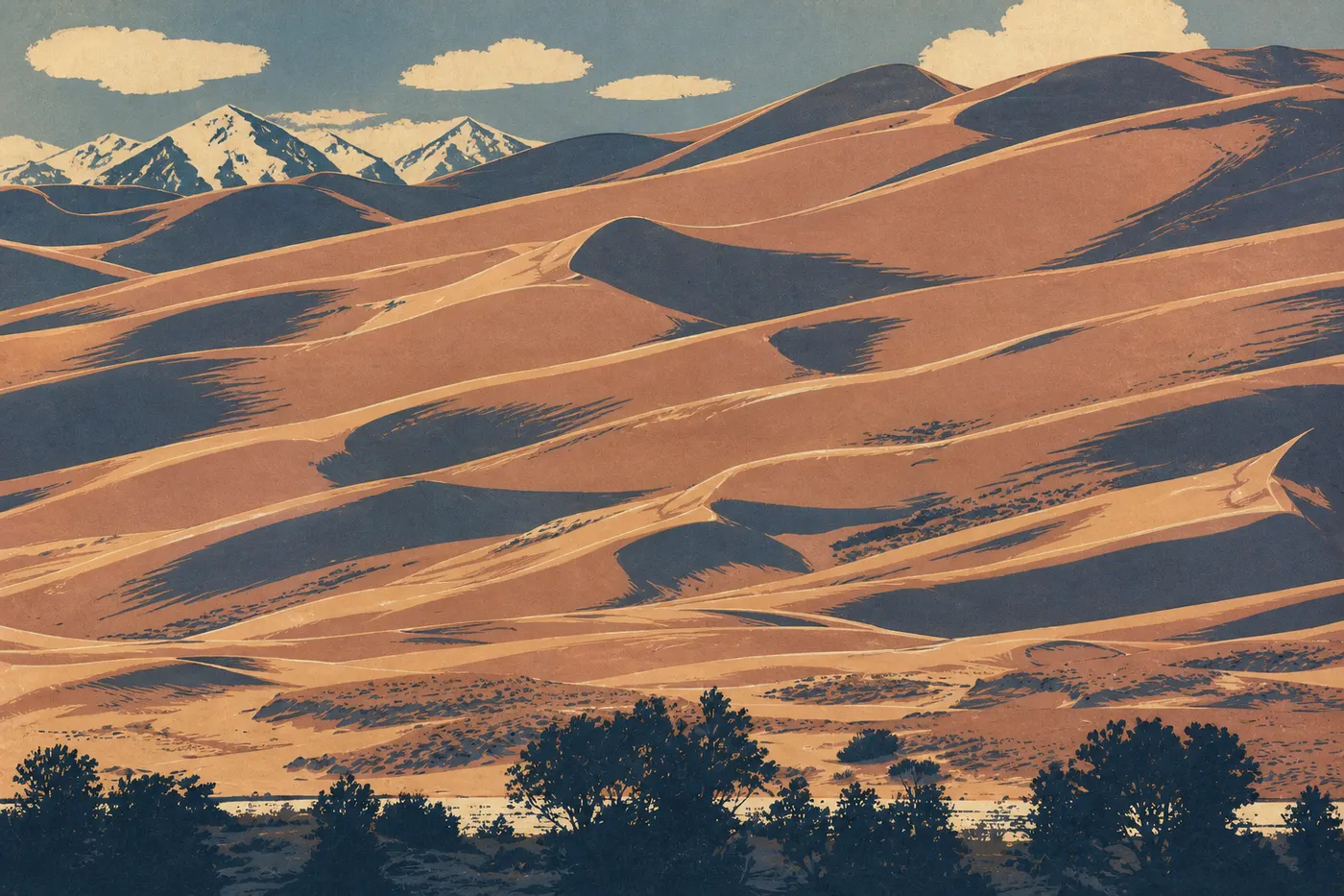 Le Medano Creek au pied des Great Sand Dunes, contre les sommets enneigés des Sangre de Cristo.