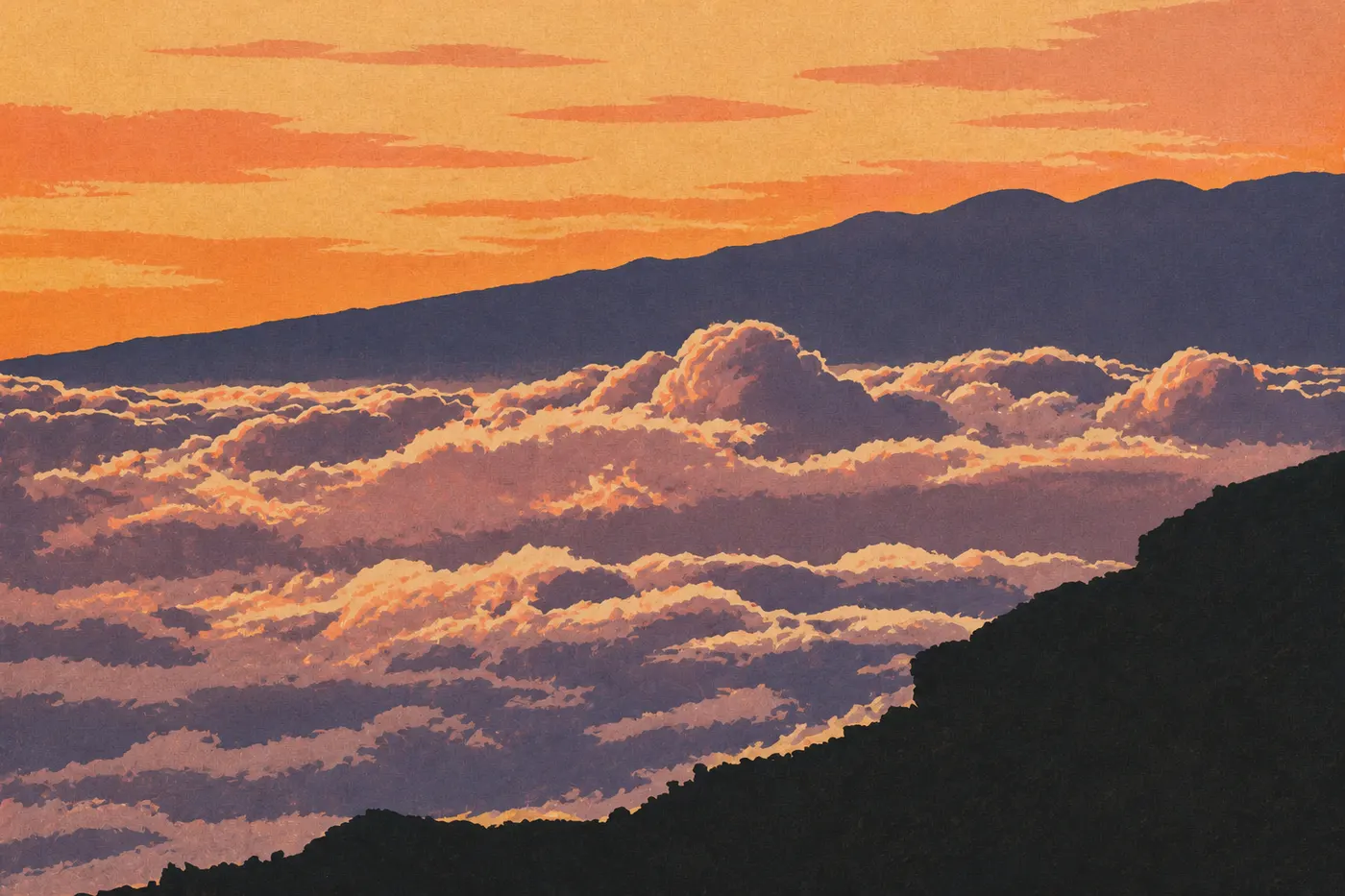 Le lever du soleil sur le cratère du Haleakala, au-dessus de la mer de nuages.