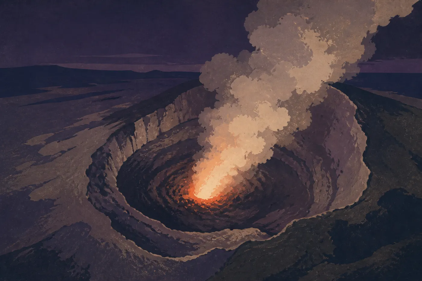 La lueur de la lave rougeoie au fond du cratère de l’Halemaʻumaʻu, au sommet du Kilauea, à la nuit tombée.