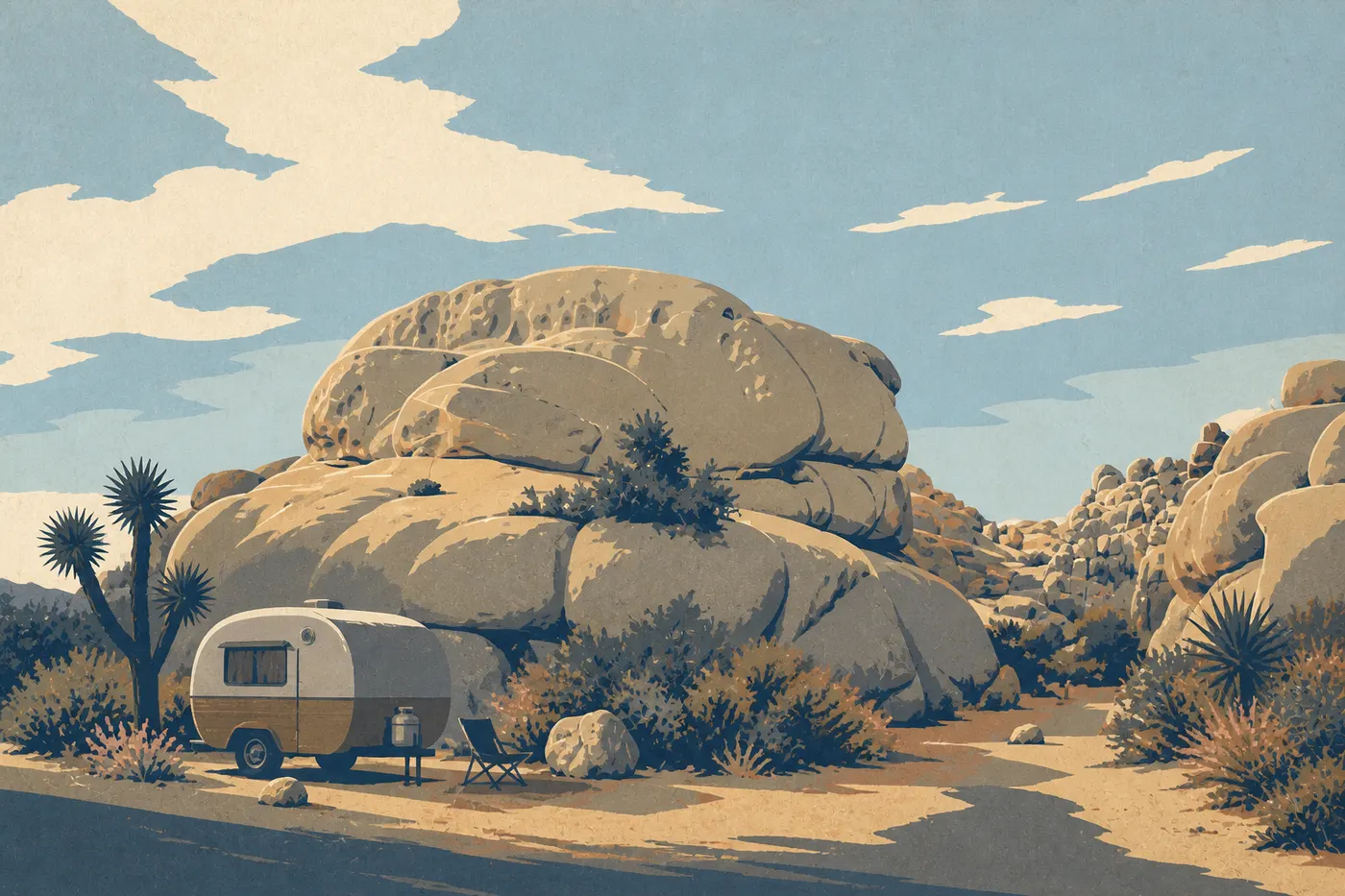 Le camp de Jumbo Rocks, entre les blocs de granit de Joshua Tree.