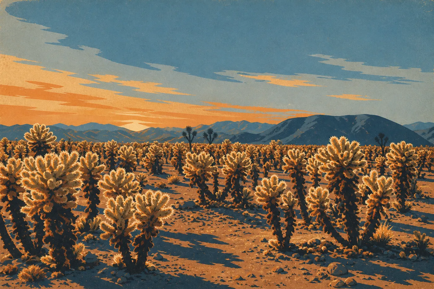 Le Cholla Cactus Garden de Joshua Tree, allumé par le soleil couchant.