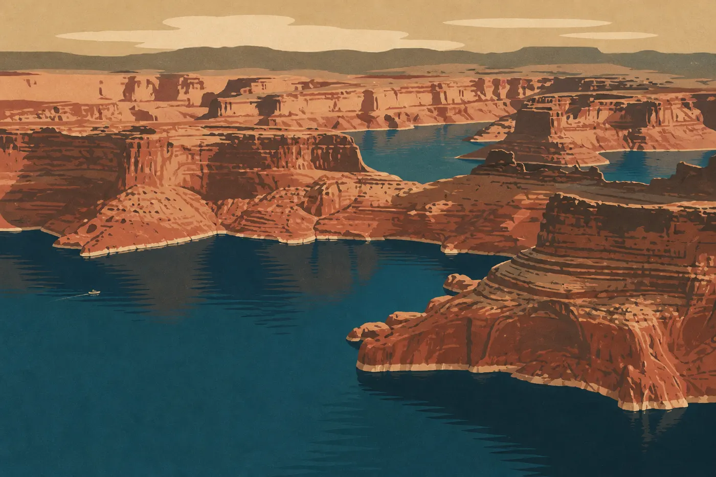 Les bras turquoise du lac Powell encaissés dans le grès rouge, sur la variante par Page.