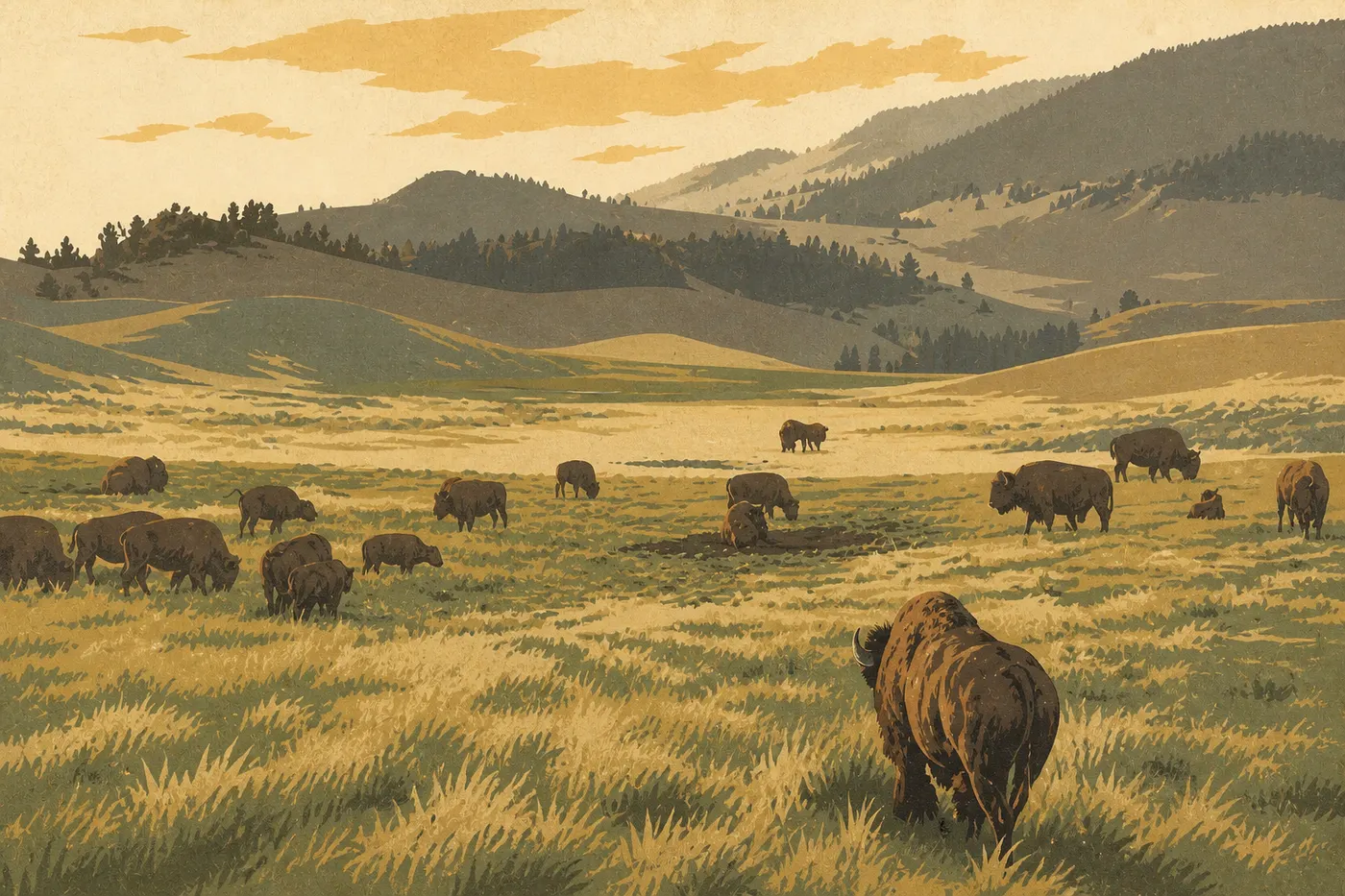 Un troupeau de bisons dans la vallée de Lamar, le Serengeti américain, à l’aube.