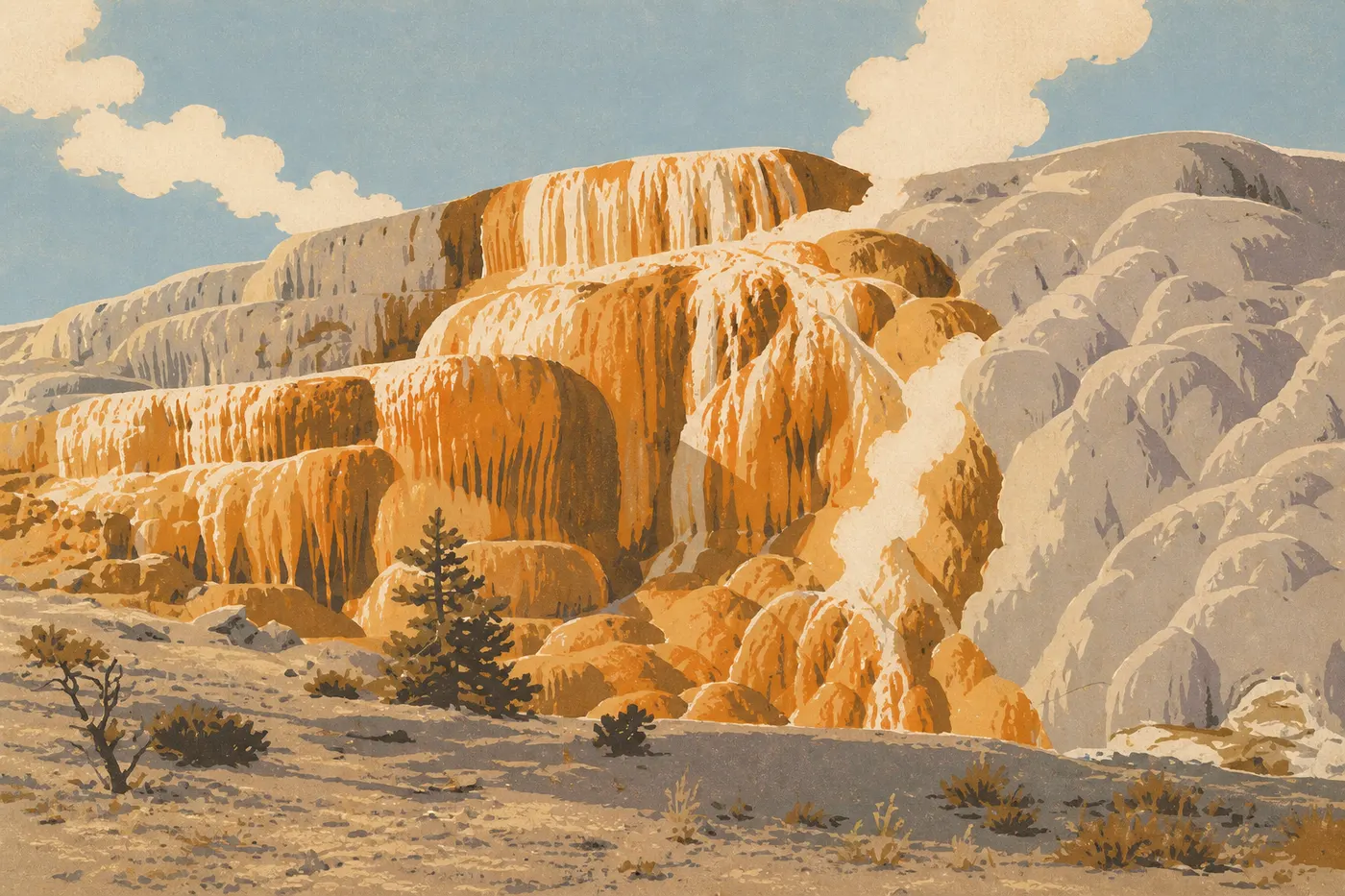 Les terrasses de travertin de Mammoth Hot Springs, un paysage qui bouge sans cesse.