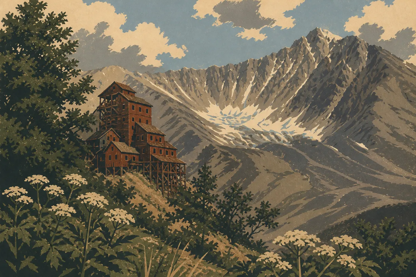 Le moulin de bois rouge de Kennecott, ville de cuivre fantôme des Wrangell.