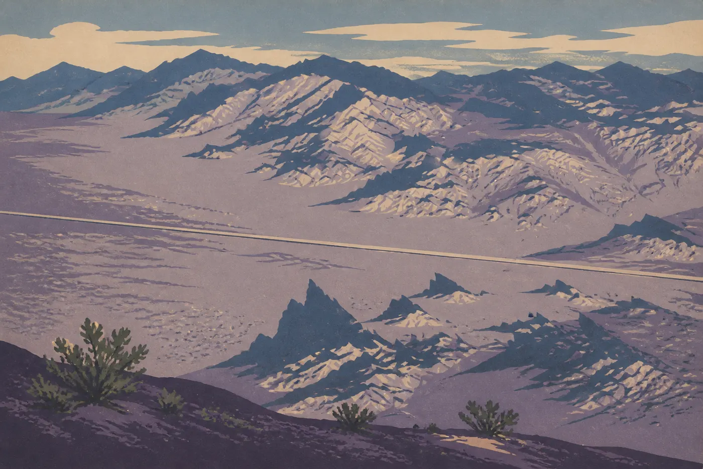 La route file droit dans le grand vide du désert du Mojave.