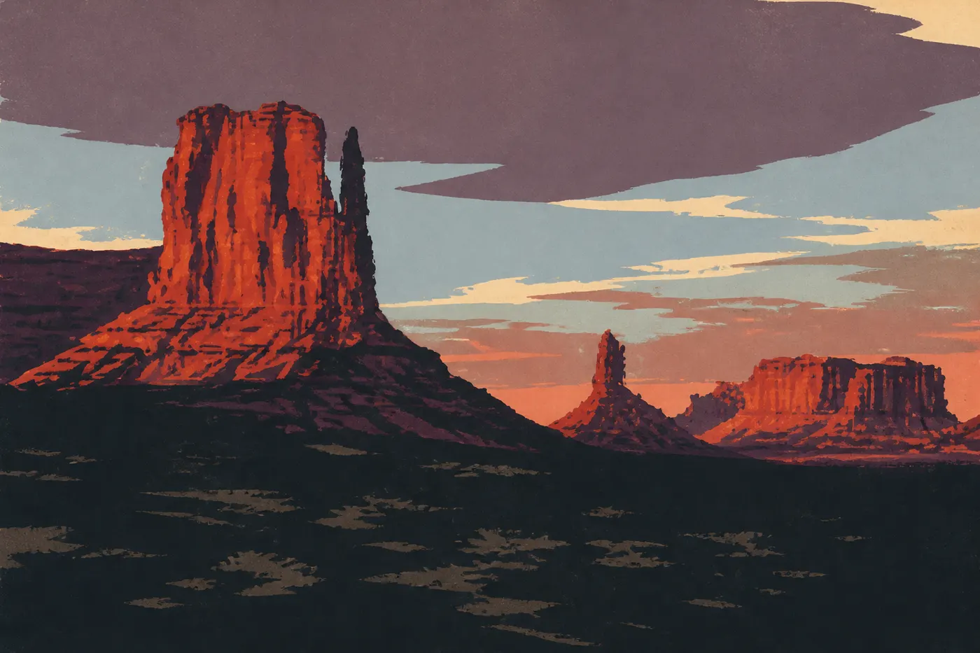 Les buttes des Mittens et Merrick, Monument Valley, pays navajo.