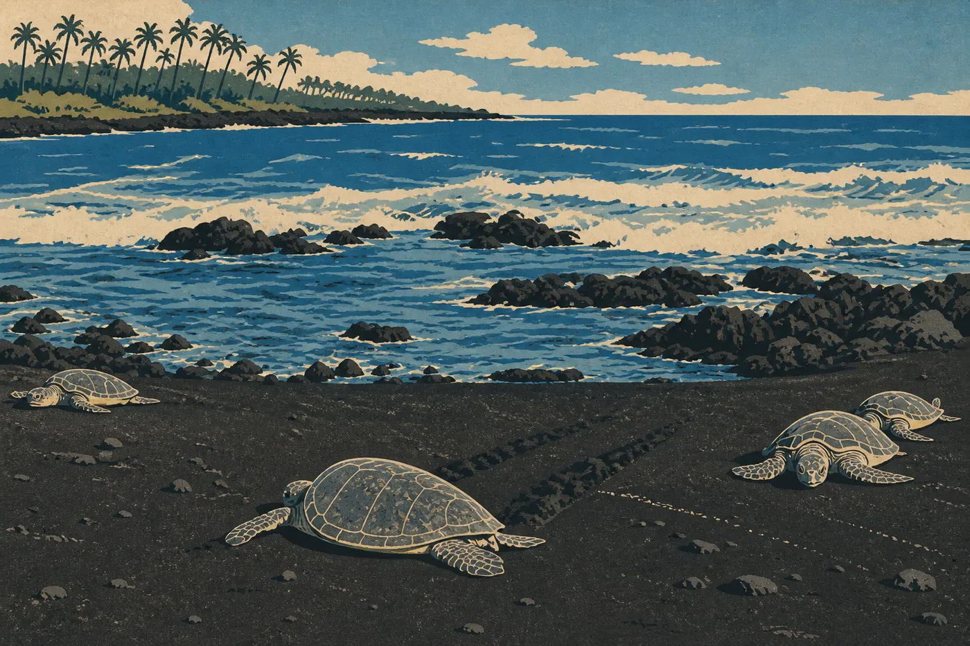Tortues vertes sur le sable noir de Punalu'u, au sud de Big Island.