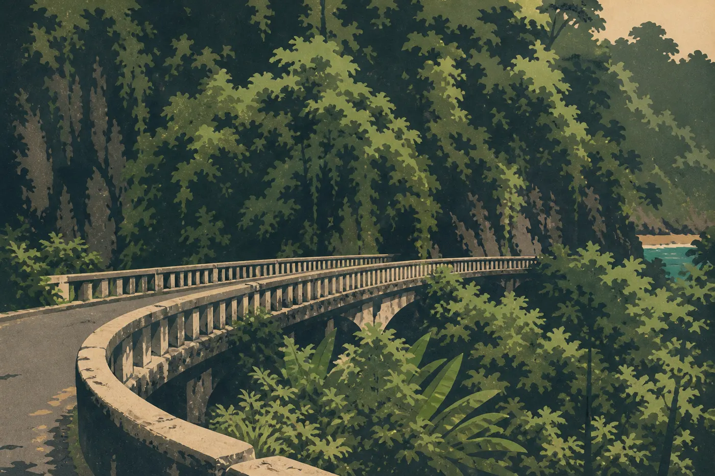 La route de Hana serpente sur la côte nord-est de Maui, entre jungle et ponts à voie unique.