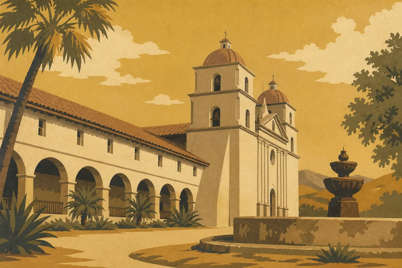 La mission de Santa Barbara, la reine des missions, sous les palmiers.