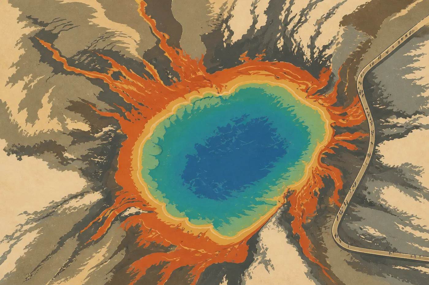 Le Grand Prismatic Spring vu du ciel, l’œil coloré de Yellowstone au milieu de la plaine.