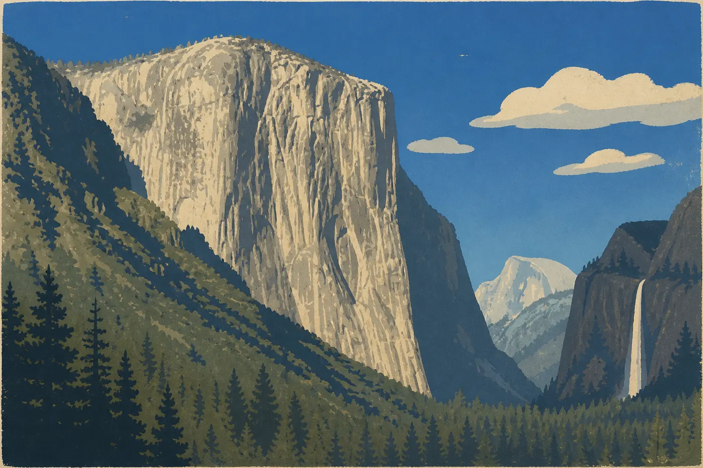 La vallée de Yosemite depuis Tunnel View, El Capitan à gauche et le Half Dome au fond.