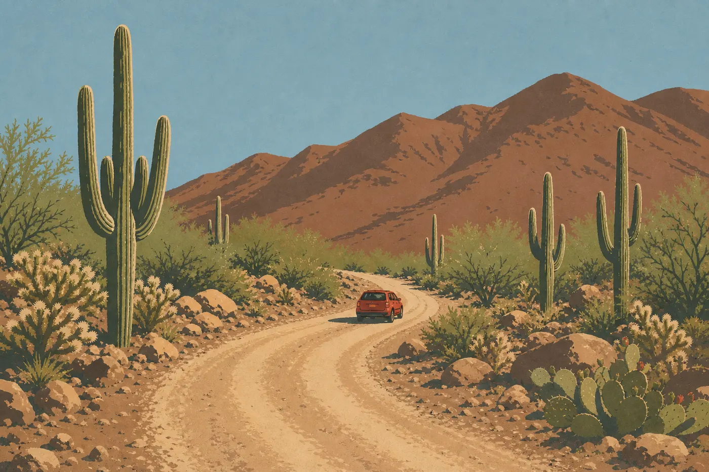 Illustration sérigraphiée : Une voiture suit la piste sinueuse de Bajada Loop Drive au cœur du district Ouest.