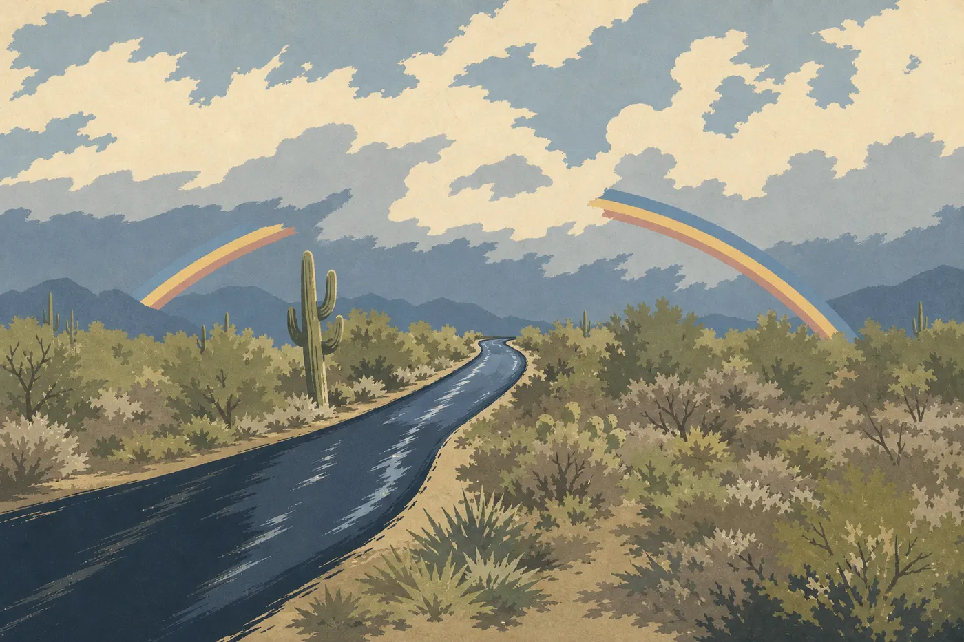 Illustration sérigraphiée : La Cactus Forest Drive serpente parmi les saguaros devant les reliefs des Rincon Mountains.