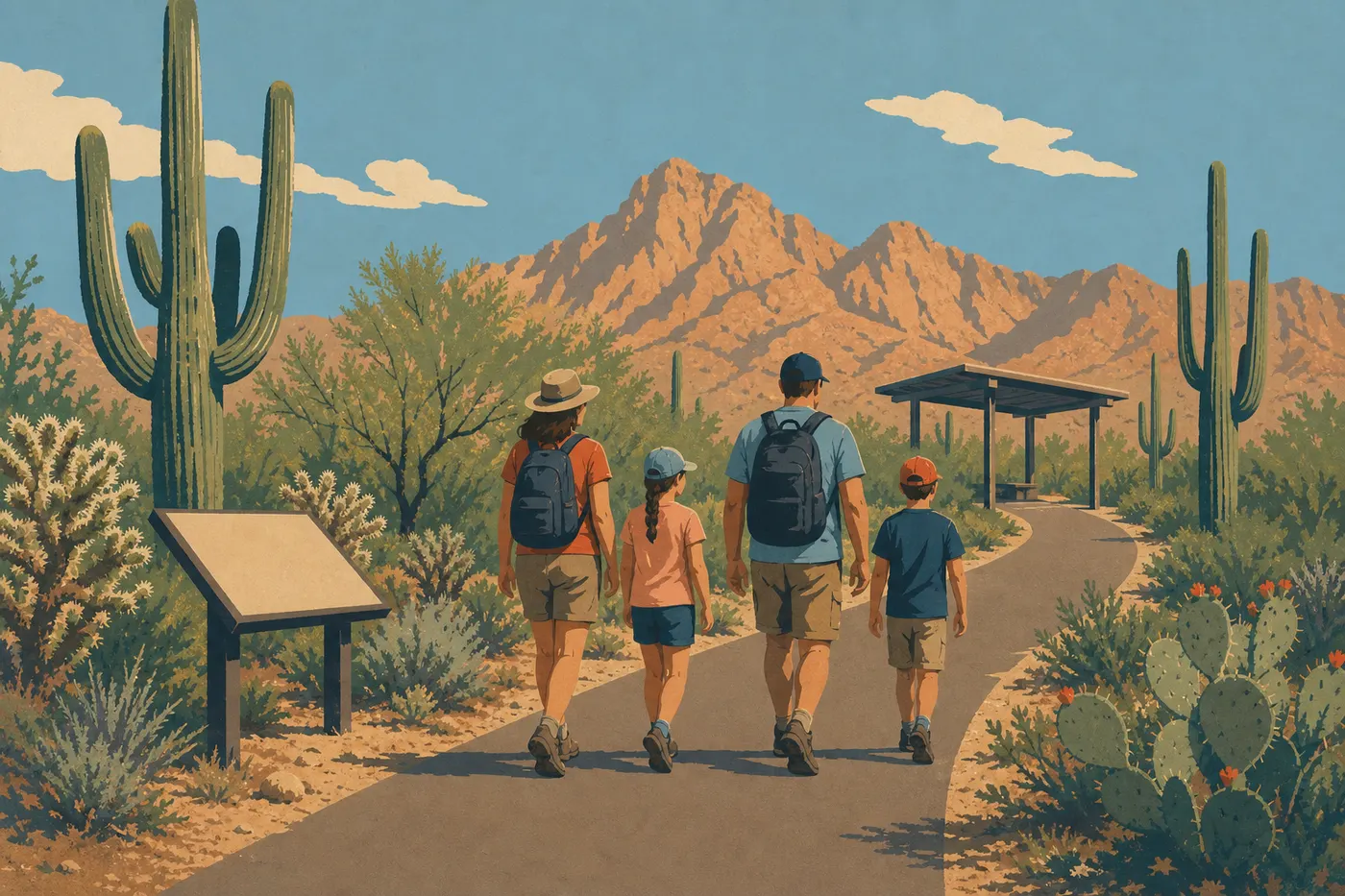 Illustration sérigraphiée : Une famille parcourt le Desert Discovery Trail pavé entre saguaros, panneaux pédagogiques et abris ombragés.